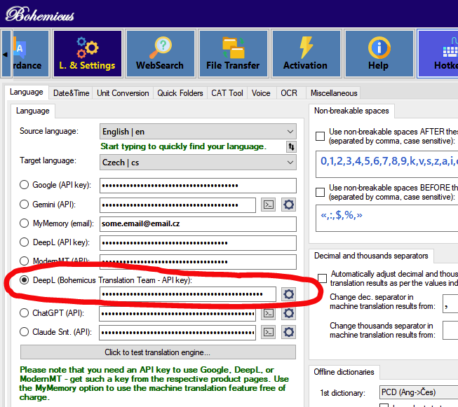 Where to enter DeepL key